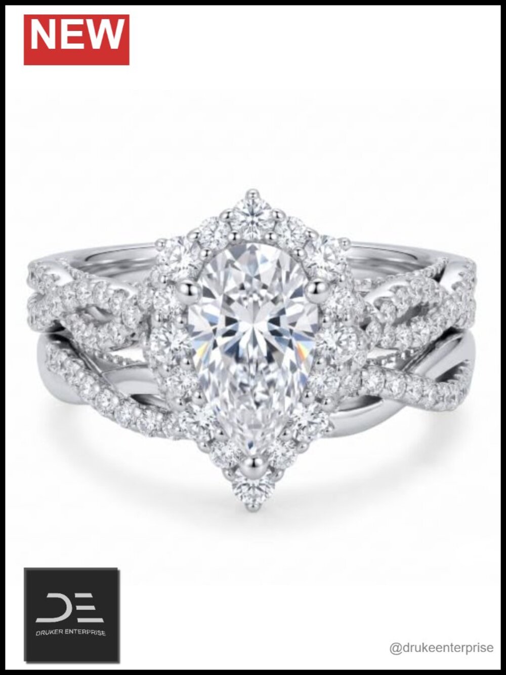 Pear Shaped Halo Wedding Ring Set Sterling Silver Infinity Twist Moissanite